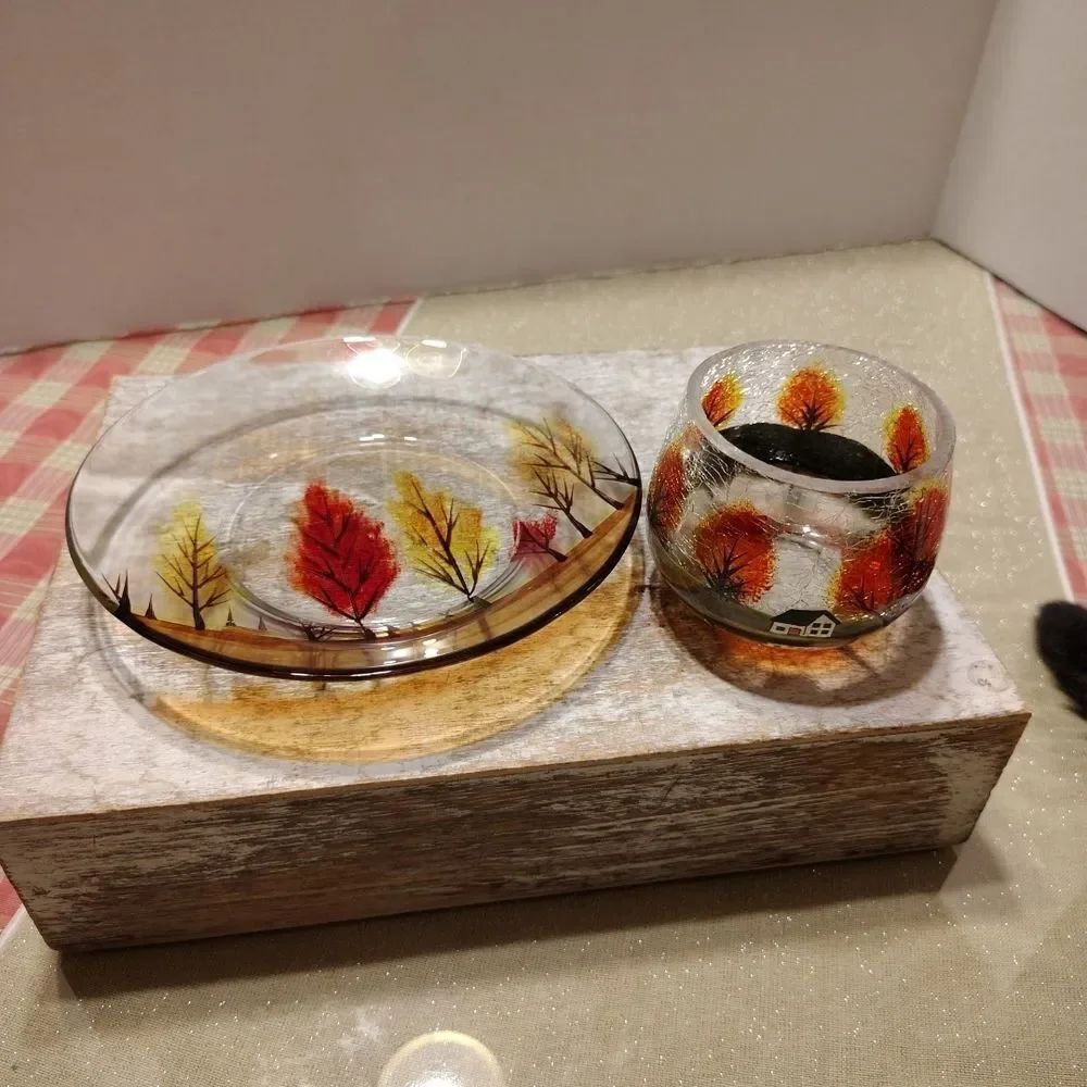 Autumn Leaf Glass Dish and Candle Holder Fall Trees